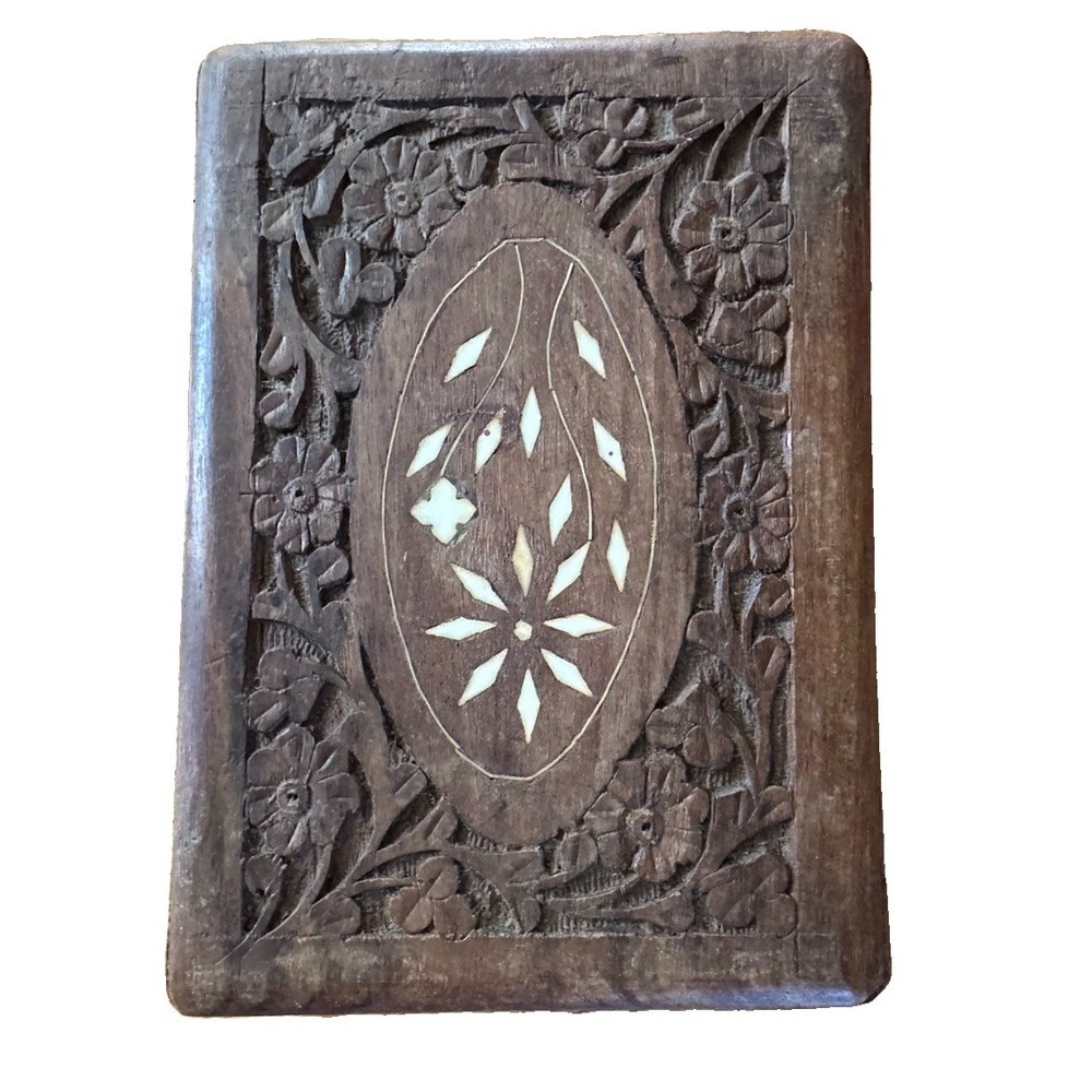 Vintage Nirmal Hand Carved Wooden Jewelry Trinket Box Floral Inlay Made India